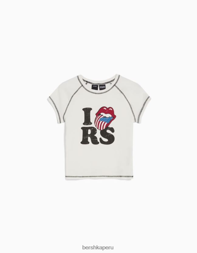 crema Bershka mujer camiseta de canalé de manga corta con estampado de piedras rodantes 806J6B514