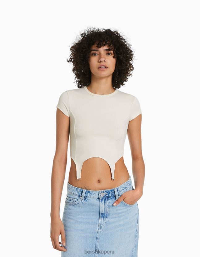 crema Bershka mujer camiseta de manga corta con detalle 806J6B509