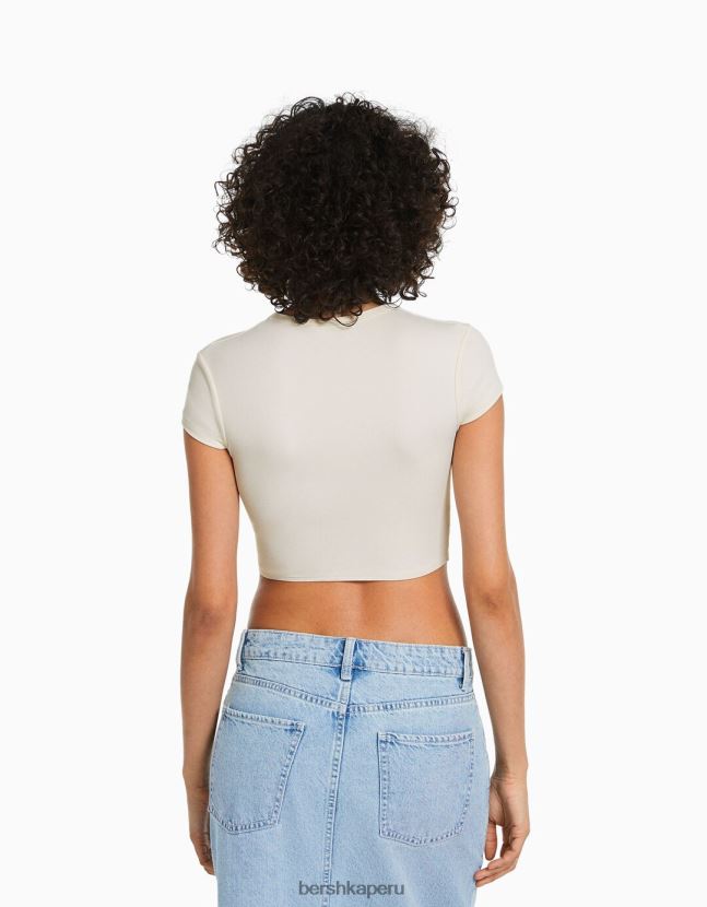 crema Bershka mujer camiseta de manga corta con detalle 806J6B509