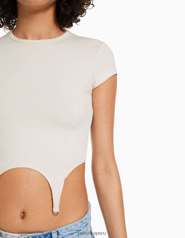 crema Bershka mujer camiseta de manga corta con detalle 806J6B509