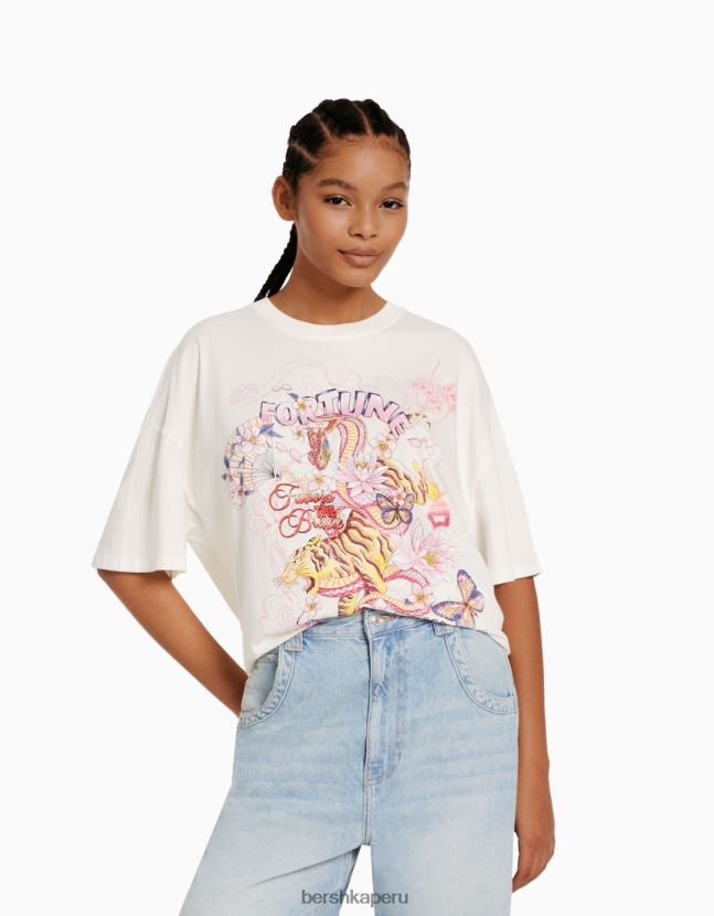 crema Bershka mujer camiseta de manga corta con estampado 806J6B329