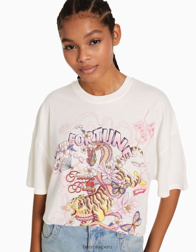 crema Bershka mujer camiseta de manga corta con estampado 806J6B329
