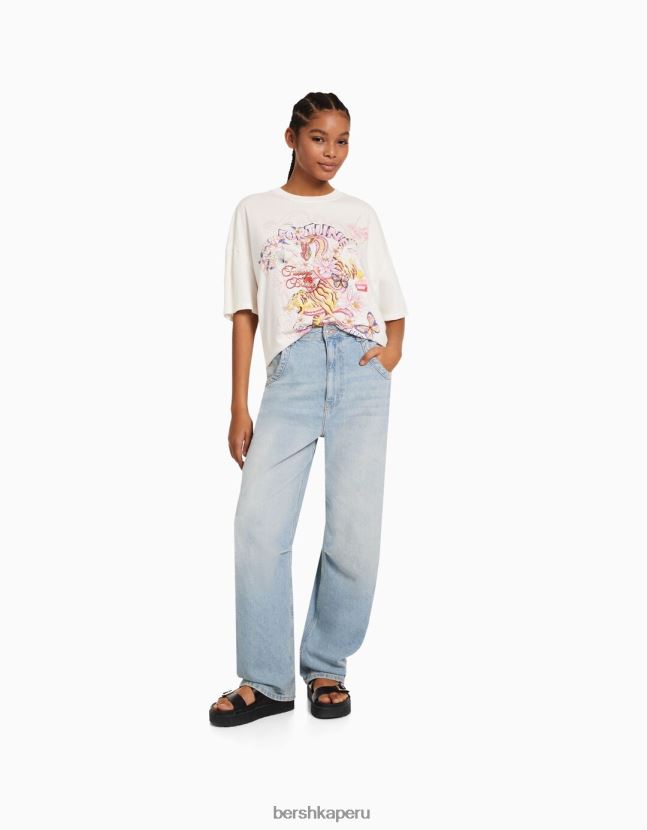 crema Bershka mujer camiseta de manga corta con estampado 806J6B329
