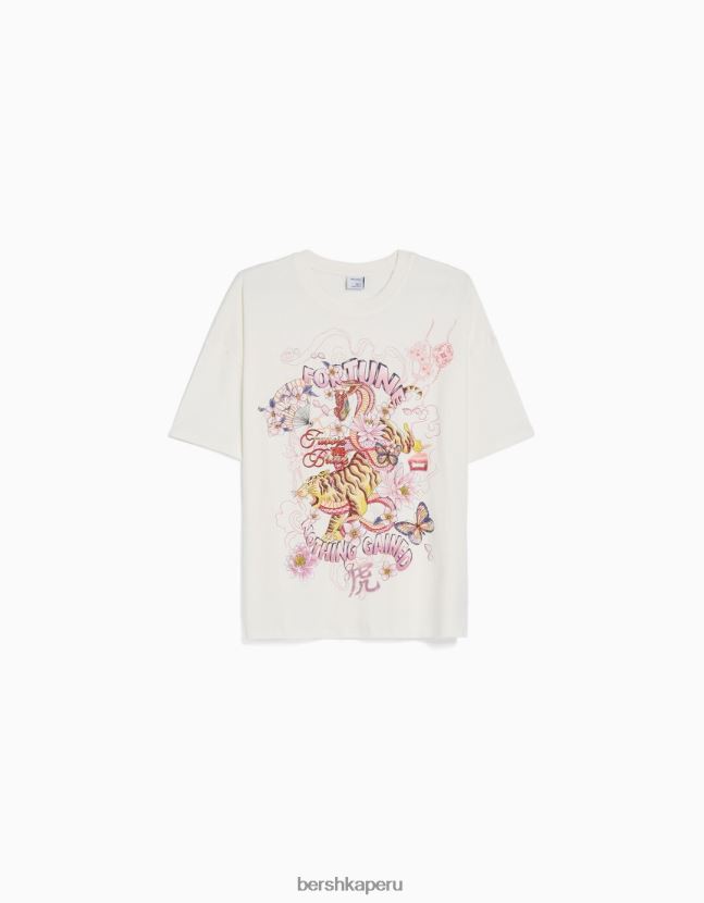 crema Bershka mujer camiseta de manga corta con estampado 806J6B329