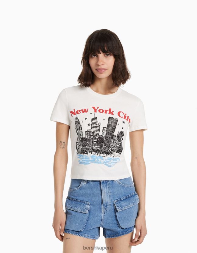 crema Bershka mujer camiseta de manga corta con estampado 806J6B494