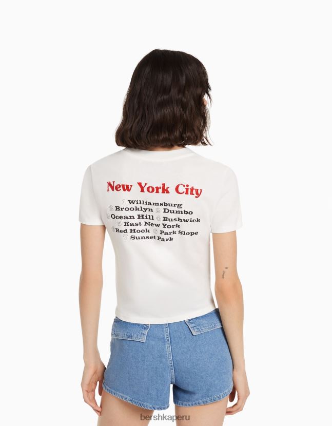 crema Bershka mujer camiseta de manga corta con estampado 806J6B494