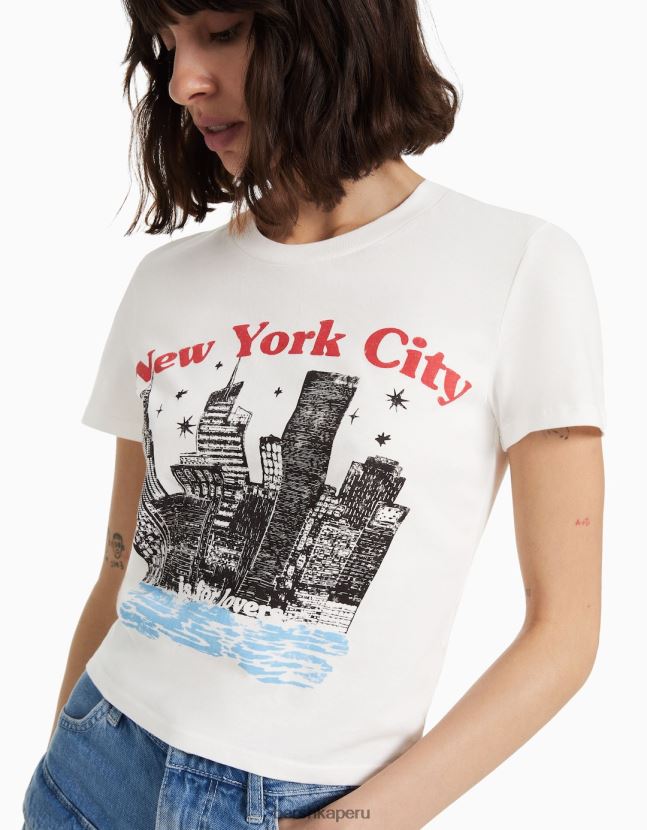 crema Bershka mujer camiseta de manga corta con estampado 806J6B494