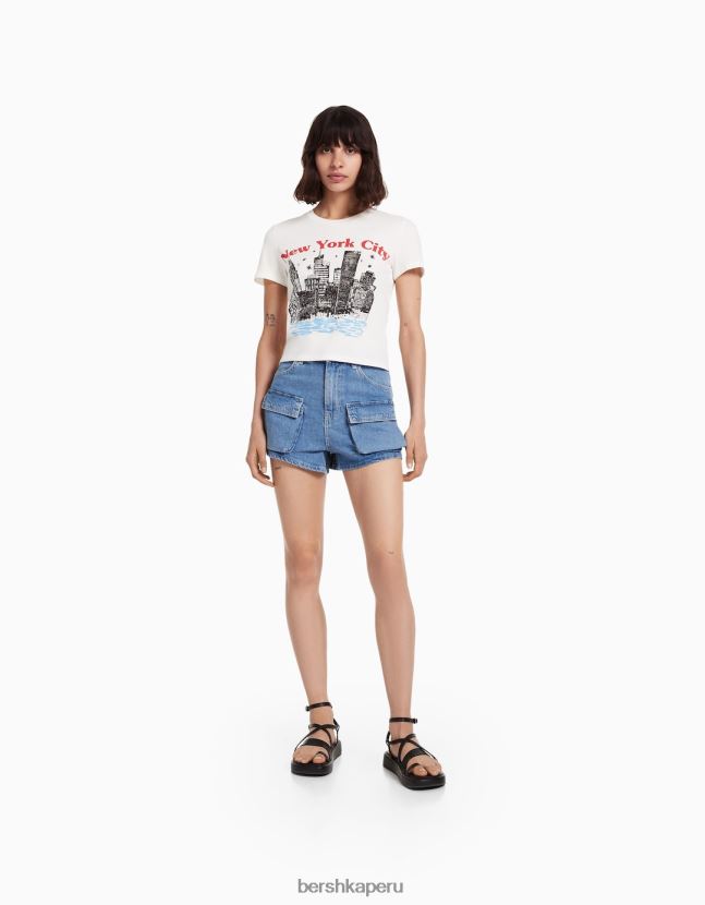 crema Bershka mujer camiseta de manga corta con estampado 806J6B494