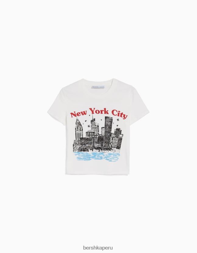 crema Bershka mujer camiseta de manga corta con estampado 806J6B494