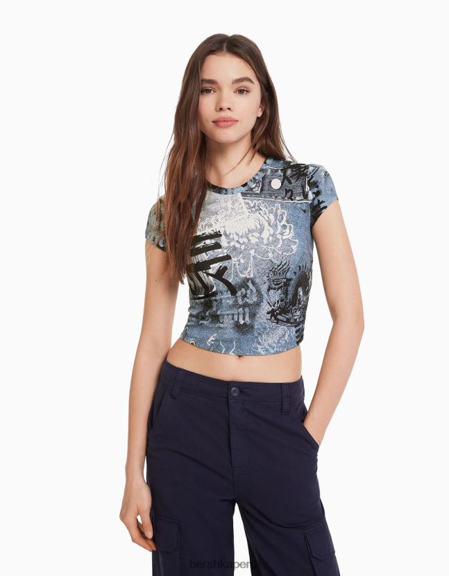 crema Bershka mujer camiseta de manga corta con estampado 806J6B599
