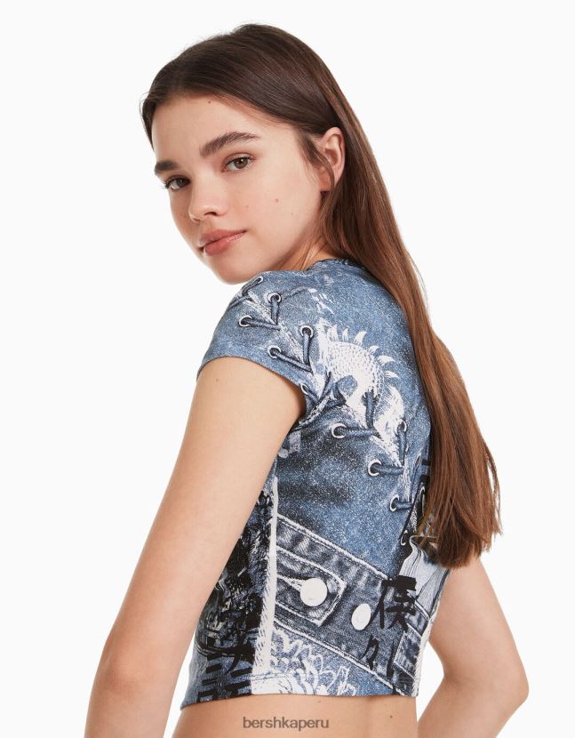crema Bershka mujer camiseta de manga corta con estampado 806J6B599