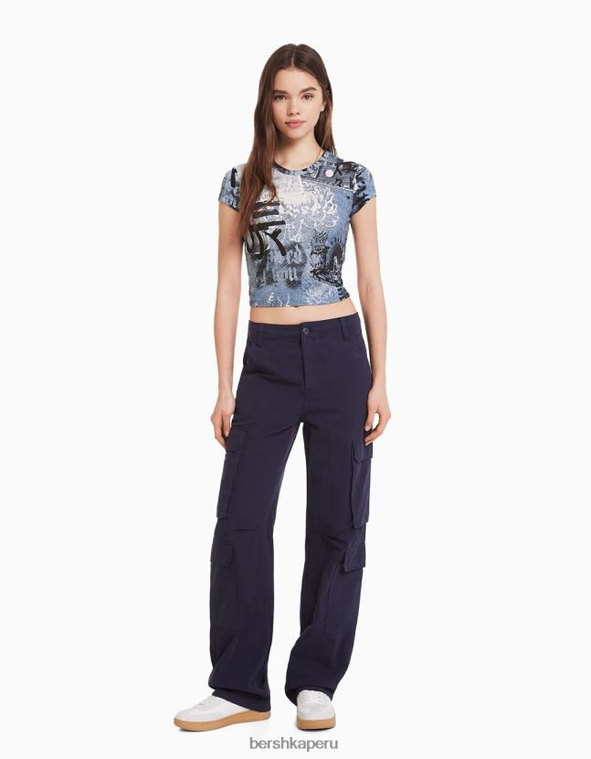 crema Bershka mujer camiseta de manga corta con estampado 806J6B599
