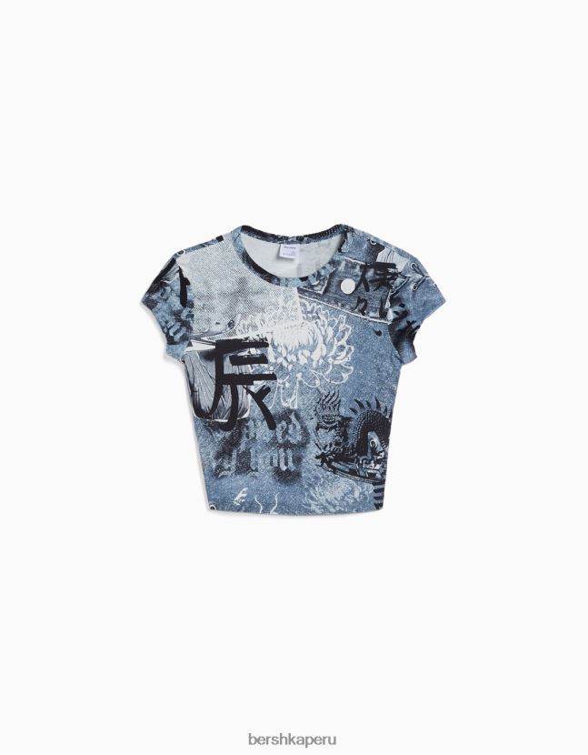 crema Bershka mujer camiseta de manga corta con estampado 806J6B599