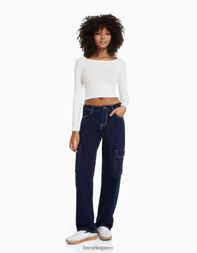 crema Bershka mujer camiseta de manga larga a rayas con cuello barco 806J6B518