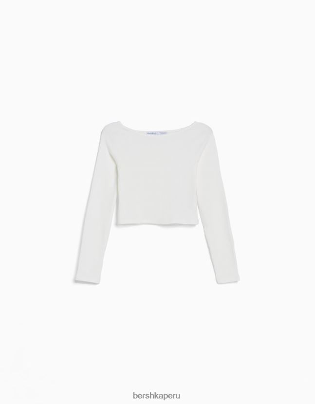 crema Bershka mujer camiseta de manga larga a rayas con cuello barco 806J6B518