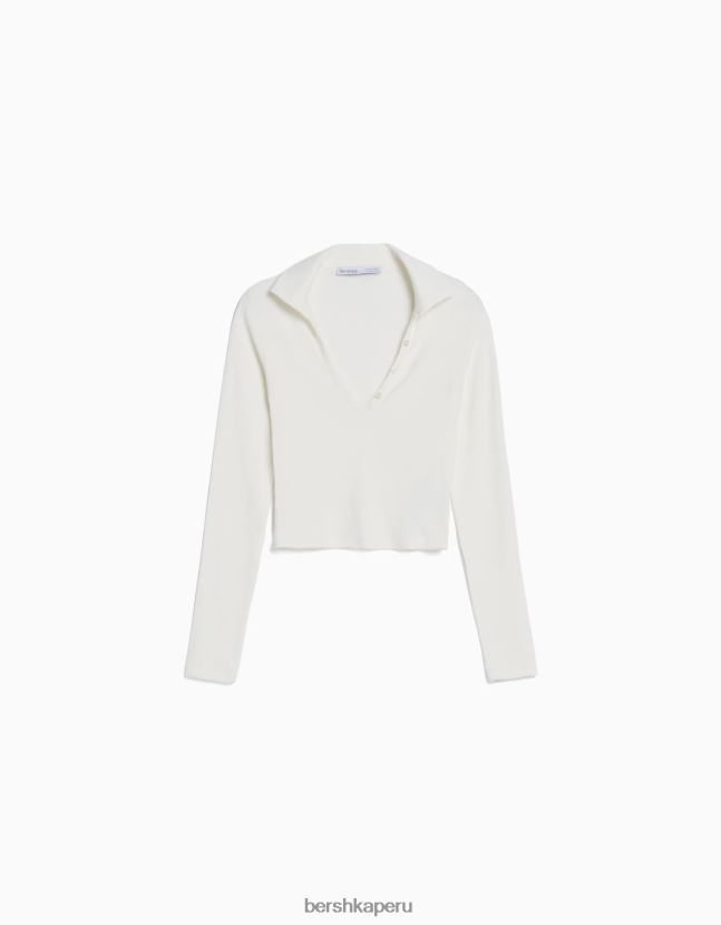 crema Bershka mujer camiseta de manga larga con cuello de polo abotonado 806J6B445