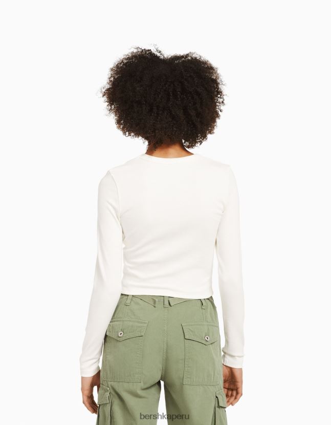 crema Bershka mujer camiseta de manga larga con estampado 806J6B616
