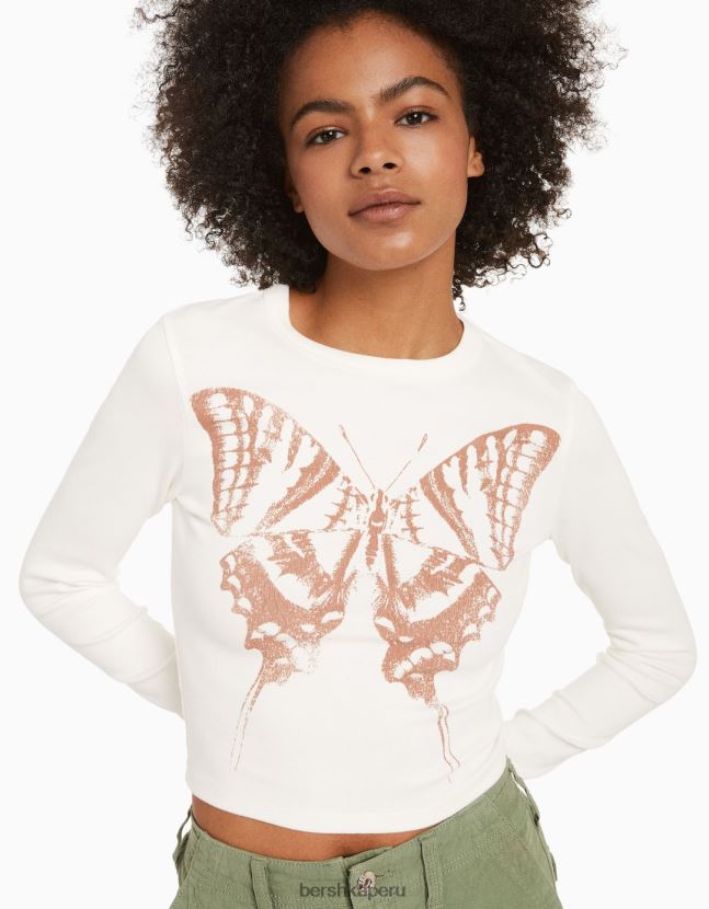 crema Bershka mujer camiseta de manga larga con estampado 806J6B616