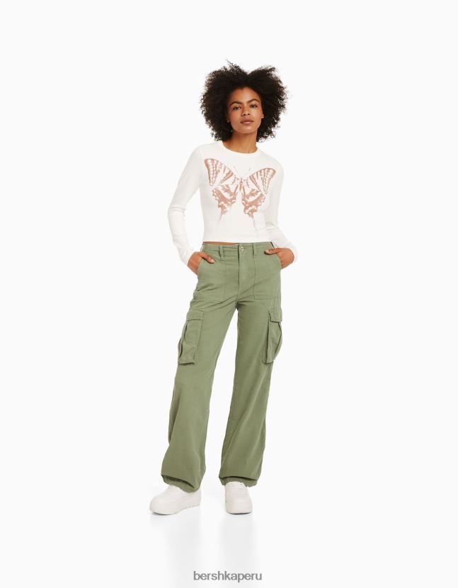 crema Bershka mujer camiseta de manga larga con estampado 806J6B616