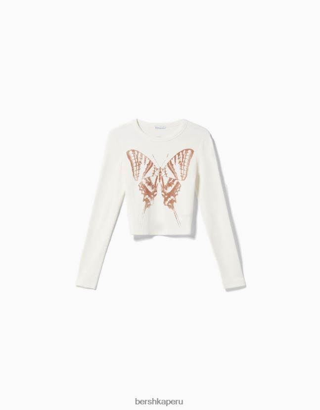 crema Bershka mujer camiseta de manga larga con estampado 806J6B616