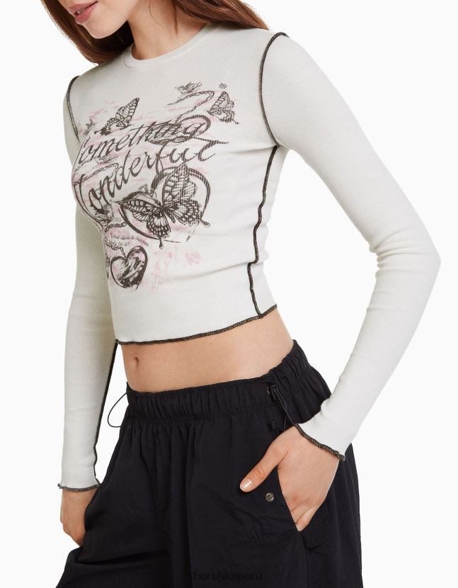 crema Bershka mujer camiseta de manga larga de canalé 806J6B641