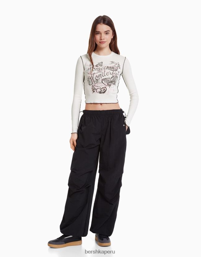 crema Bershka mujer camiseta de manga larga de canalé 806J6B641