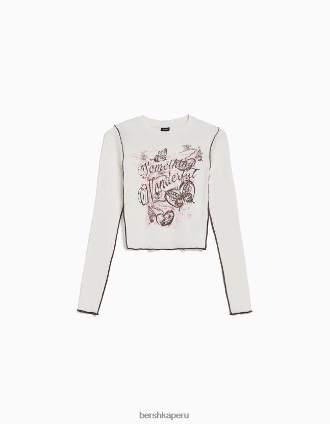 crema Bershka mujer camiseta de manga larga de canalé 806J6B641