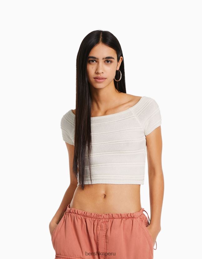 crema Bershka mujer camiseta de punto de canalé de algodón de manga corta 806J6B425