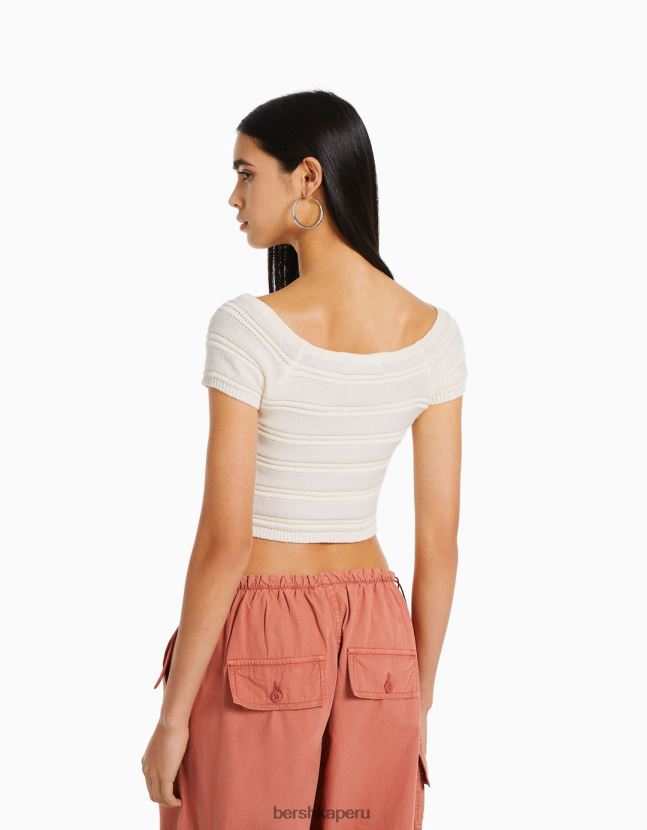 crema Bershka mujer camiseta de punto de canalé de algodón de manga corta 806J6B425