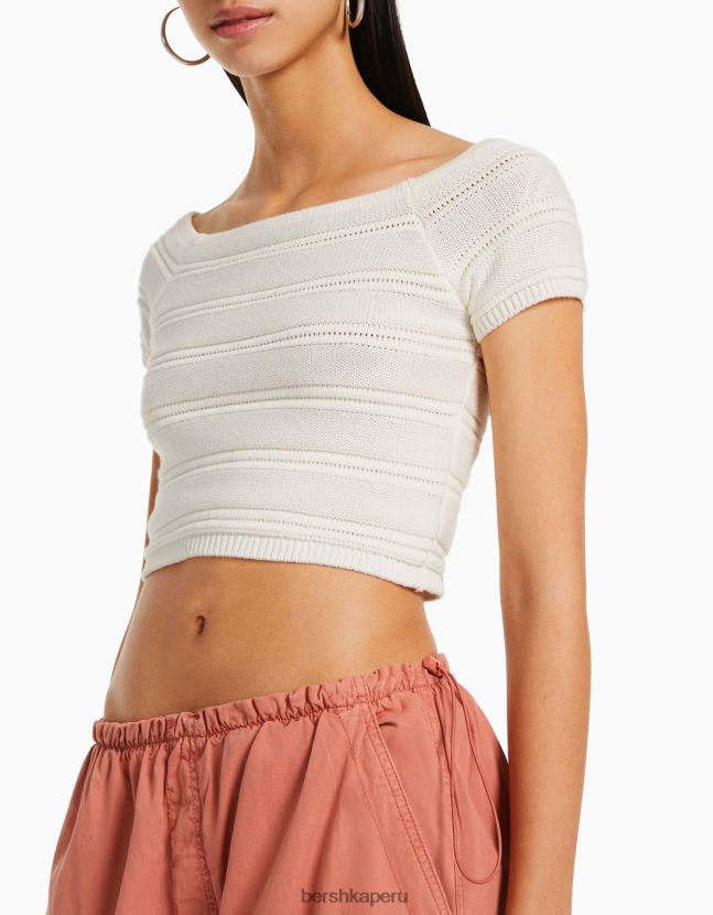 crema Bershka mujer camiseta de punto de canalé de algodón de manga corta 806J6B425