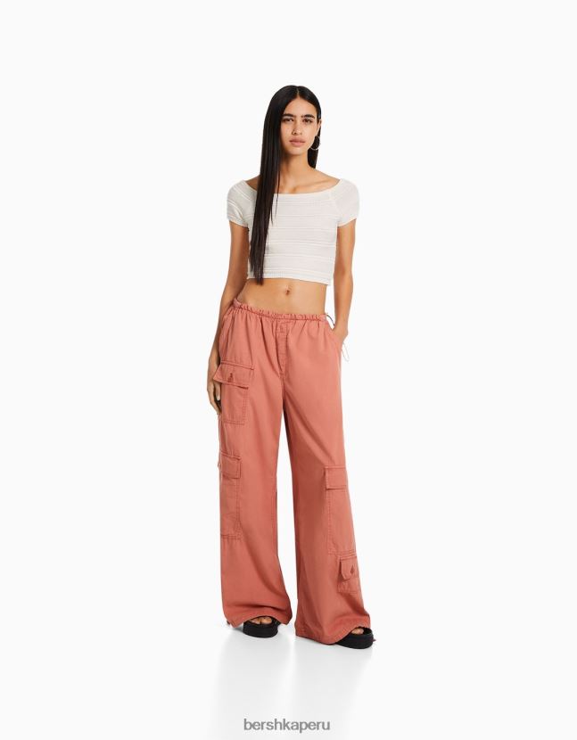 crema Bershka mujer camiseta de punto de canalé de algodón de manga corta 806J6B425
