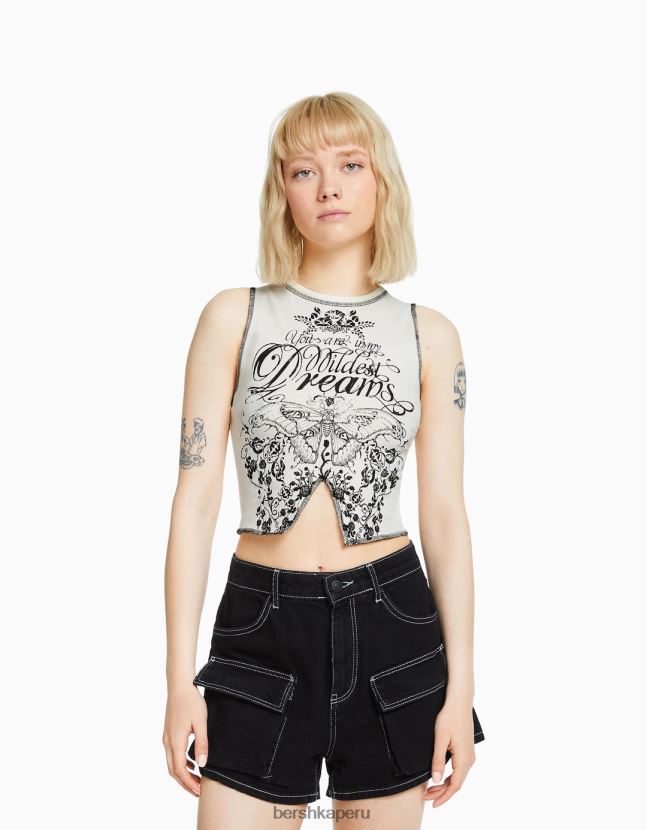 crema Bershka mujer camiseta sin mangas con pespuntes y estampado en contraste 806J6B583