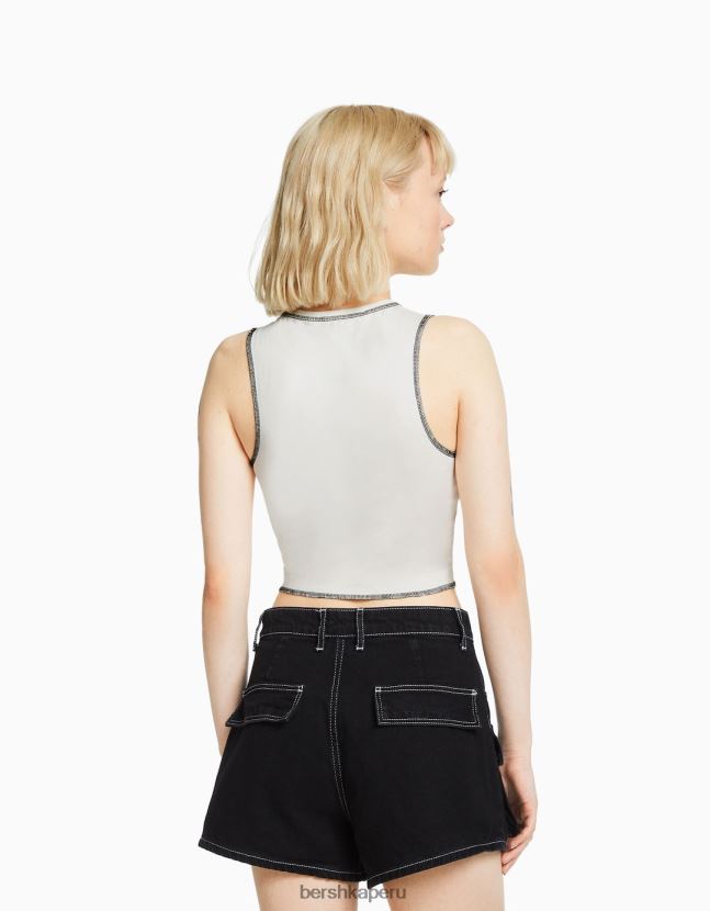crema Bershka mujer camiseta sin mangas con pespuntes y estampado en contraste 806J6B583