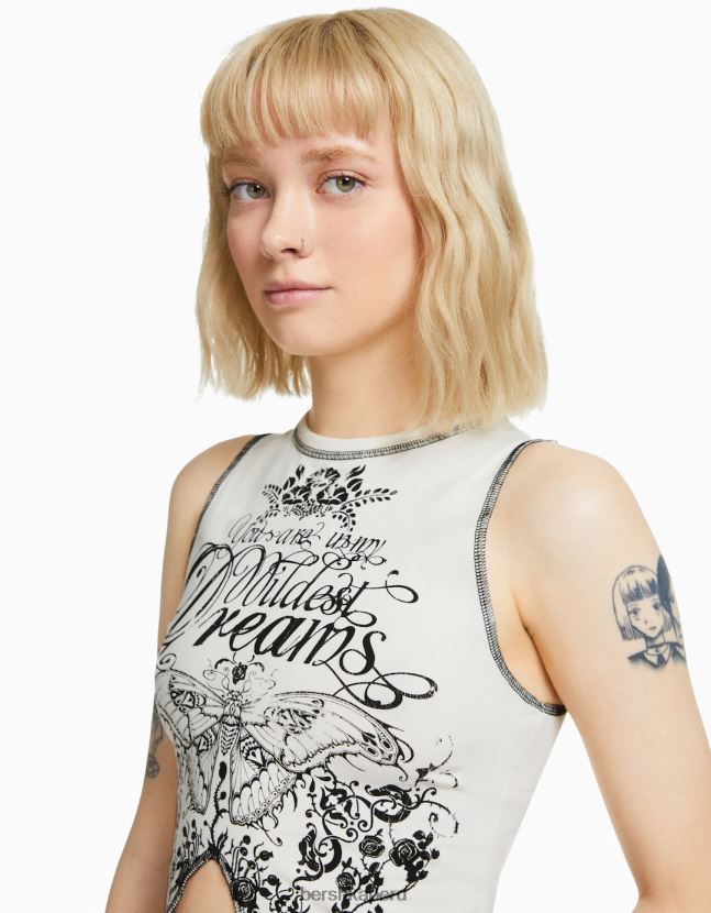 crema Bershka mujer camiseta sin mangas con pespuntes y estampado en contraste 806J6B583