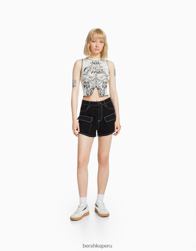 crema Bershka mujer camiseta sin mangas con pespuntes y estampado en contraste 806J6B583