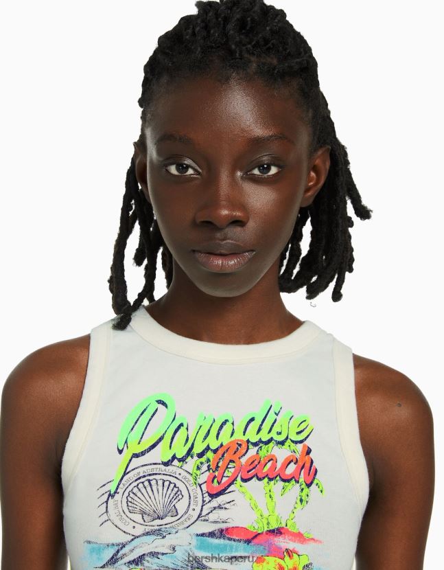 crema Bershka mujer camiseta sin mangas de canalé estampada 806J6B604