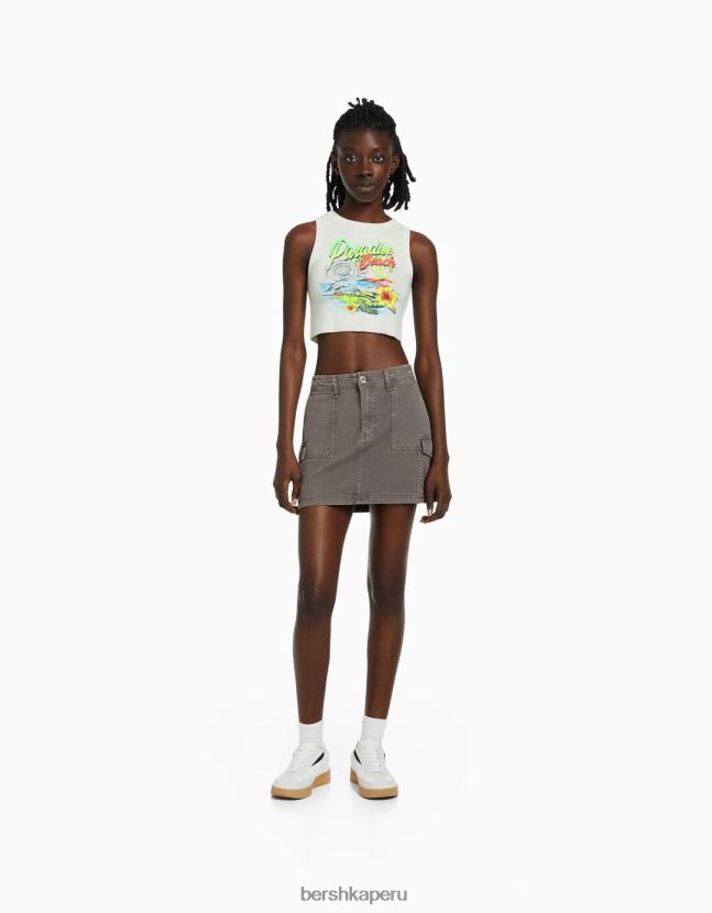 crema Bershka mujer camiseta sin mangas de canalé estampada 806J6B604