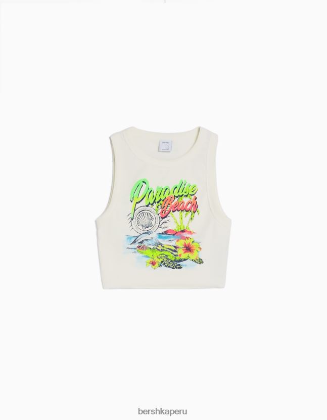 crema Bershka mujer camiseta sin mangas de canalé estampada 806J6B604