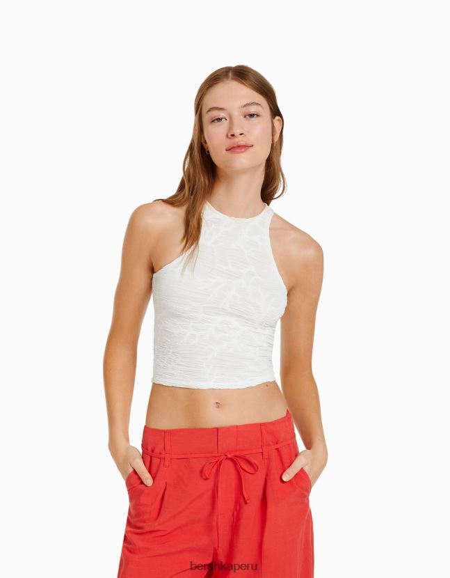 crema Bershka mujer camiseta sin mangas texturizada con cuello de nadador 806J6B376