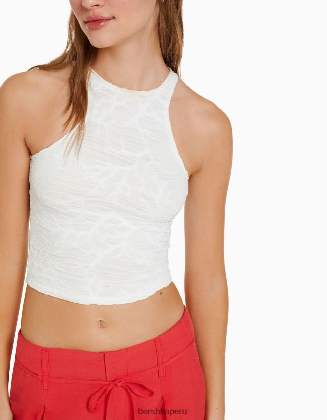 crema Bershka mujer camiseta sin mangas texturizada con cuello de nadador 806J6B376
