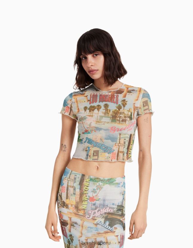 crema Bershka mujer playera de malla estampada de manga corta 806J6B364