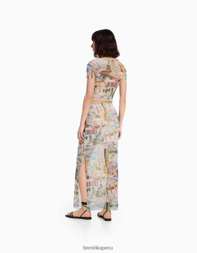 crema Bershka mujer playera de malla estampada de manga corta 806J6B364