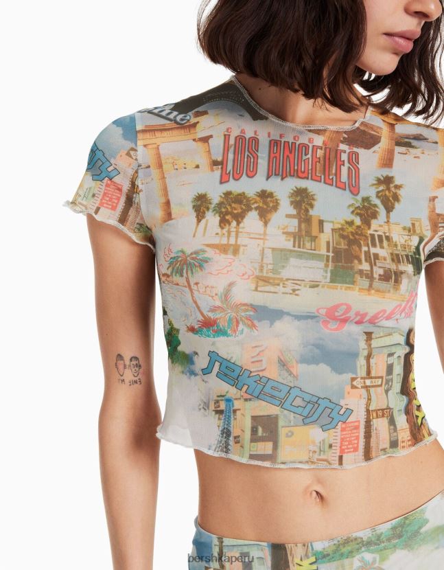 crema Bershka mujer playera de malla estampada de manga corta 806J6B364