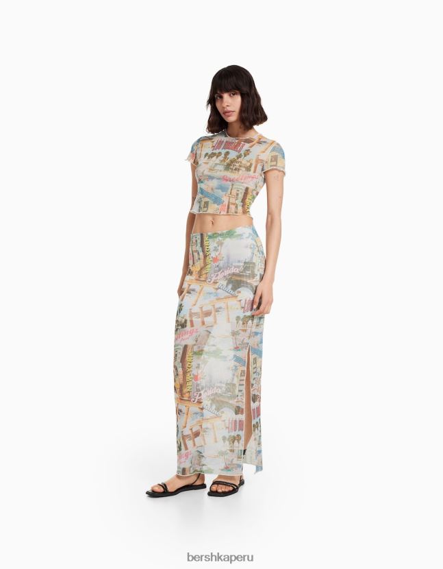 crema Bershka mujer playera de malla estampada de manga corta 806J6B364