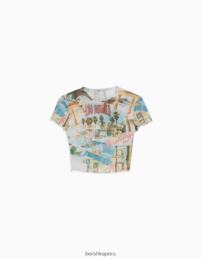 crema Bershka mujer playera de malla estampada de manga corta 806J6B364