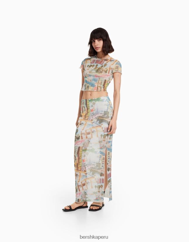 crema Bershka mujer playera de malla estampada de manga corta 806J6B366