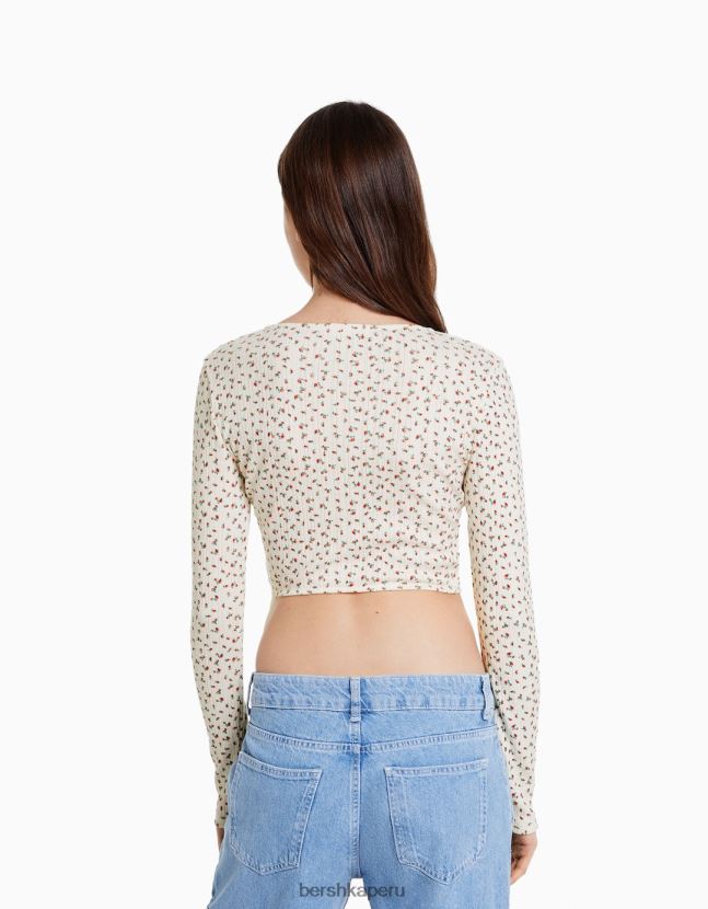 crema Bershka mujer playera de manga larga de punto pointelle 806J6B634