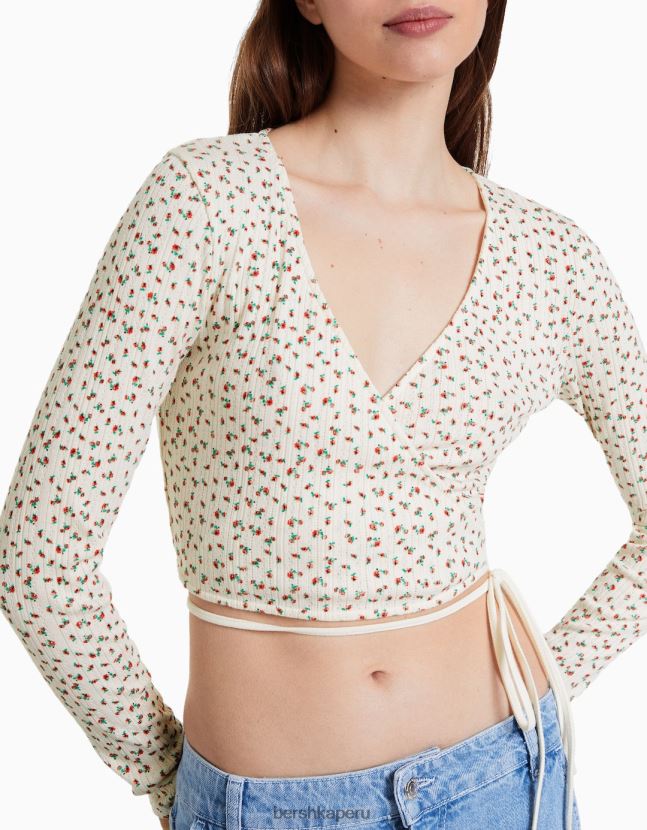 crema Bershka mujer playera de manga larga de punto pointelle 806J6B634