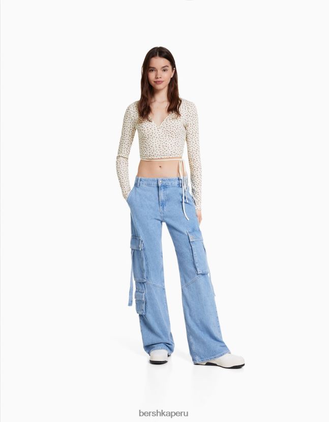 crema Bershka mujer playera de manga larga de punto pointelle 806J6B634