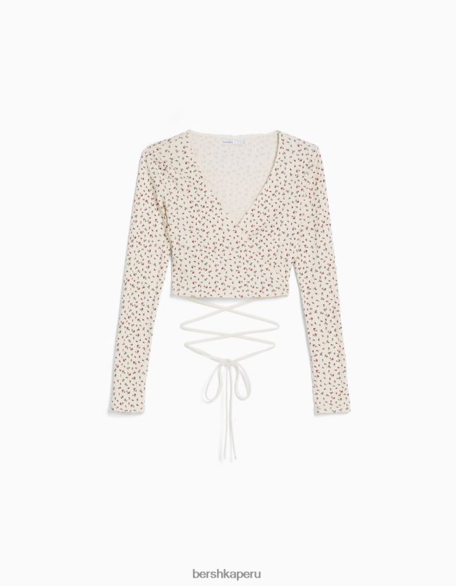 crema Bershka mujer playera de manga larga de punto pointelle 806J6B634